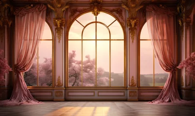 Fototapeten Elegant Vintage Ballroom Interior with Ornate Golden Trim and Flowing Pink Curtains at Sunset © Bartek