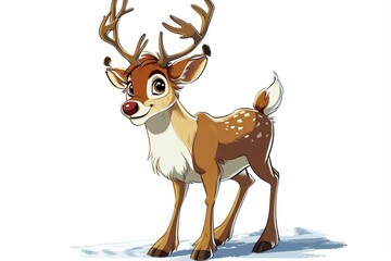 a cartoon reindeer, exuding cuteness against a clean white background. Emphasize the vibrant colors and enchanting features.