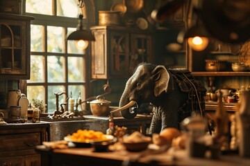 a charming chef elephant in a bustling kitchen, surrounded by cooking utensils and ingredients.  - obrazy, fototapety, plakaty
