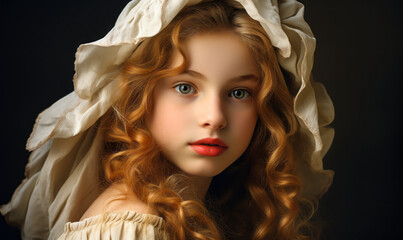 Renaissance Beauty: Young Girl with Curly Golden Hair and Vintage Bonnet in Classic Portrait Style