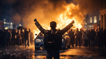 Fototapeta premium Concept protesters riot people. Back view Aggressive man without face in hood against backdrop of protests and burning cars
