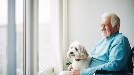 Concept friendship animal and people. Lonely sad elderly senior man in wheelchair looking out window with pet dog. - obrazy, fototapety, plakaty