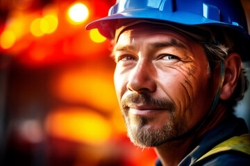 Portrait happy man industry miner worker, Petrochemical oil, gas electricity engineering, sunlight color.