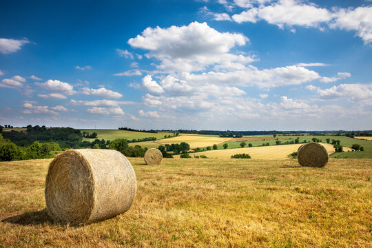 Meule de foin ou de paille au milieu des champs en &eacute;t&eacute; dans un paysage de France.