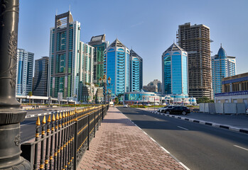 Fototapeta na wymiar Towers opposite the Central Market in the Emirate of Sharjah, United Arab Emirates