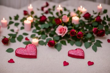 A romantic tableau for Valentine's Day: soft candlelight dances on a table adorned with crimson roses, decadent chocolates, and intertwined hearts. An image encapsulating love's essenceю
