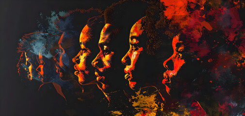 Black History Month banner featuring the silhouette profile of African and African American men on a black background,