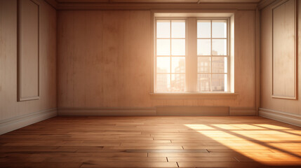 Pi&egrave;ce d'une habitation compl&egrave;tement vide et lumineuse. Ouverture sur une fen&ecirc;tre, ombre et lumi&egrave;re. Espace vide de composition. Fond pour conception et cr&eacute;ation graphique.