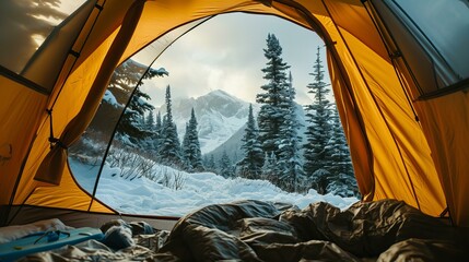 Scenic view from inside of a camping tent in the winter, mountains