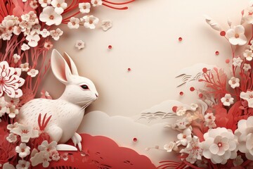 Happy Chinese new year of the rabbit zodiac sign with flower, lantern elements banner abstract background