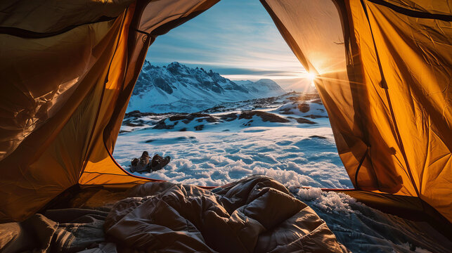 Scenic View From Inside Of A Camping Tent In The Winter, Mountains