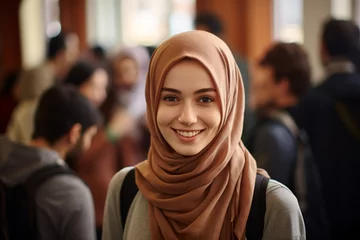 Fotobehang Young smiling muslim woman with hijab headscarf with blurry people in background at school or university © Firn