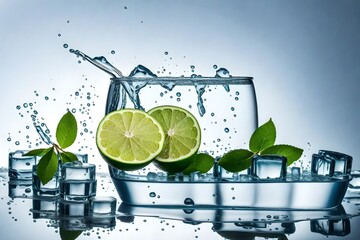 half lime, leaves, ice cubes and water splash on isolated white background
