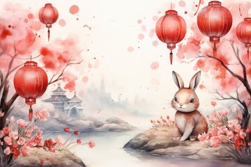 Happy chinese new year of the rabbit zodiac sign with flower,lantern elements watercolor background