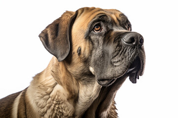 English Mastiff close-up portrait on a white background.	
