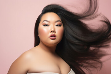 Naklejka premium Young Asian plus size woman in front of studio background