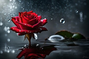 A dew-kissed red rose, delicately perched atop a crystal-clear water droplet  - obrazy, fototapety, plakaty