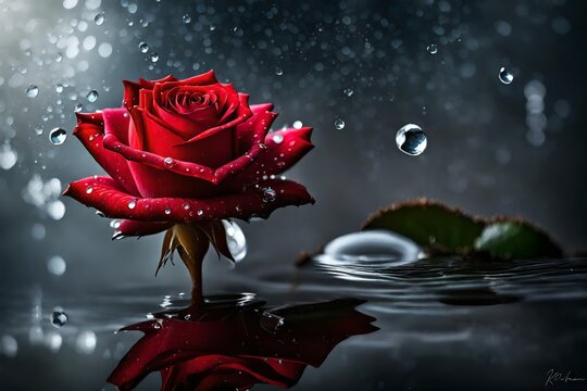 A dew-kissed red rose, delicately perched atop a crystal-clear water droplet 