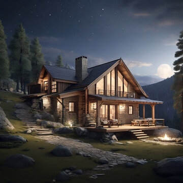 A remote alpine cottage surrounded by massive pine trees and a tranquil river ai generated image