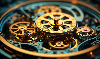 Intricate clockwork mechanism showcasing precision engineering with golden gears and cogs in close-up