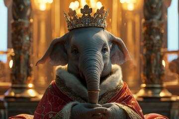 a regal elephant character in royal attire, complete with a majestic crown and draped in luxurious...