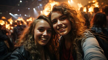 Portrait of two beautiful young women taking a selfie at the concert