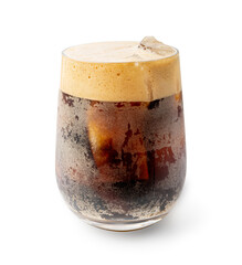 Iced Porter Beer Isolated, Cold Stout in Glass, Dark Beer with Foam and Ice Cubes, Bubbles on Alcohol Drunk Mug