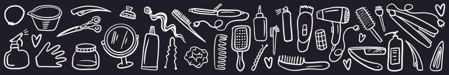 A horizontal illustration of hairdressing tools, hand-drawn in the style of doodles. - obrazy, fototapety, plakaty