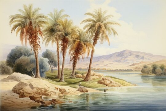 A riverside landscape with a palm trees and a field in Egypt. Generative AI