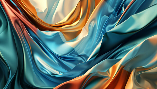 Fond texturé de matière fluide et abstraite. Liquide, textile. Couleurs dégradés bleu, orange et or. Fond pour conception et création graphique.