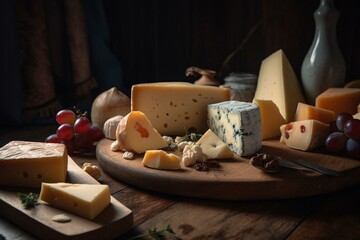 Assorted cheese on wooden platter. Generative AI