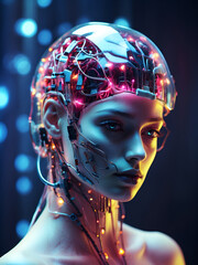female android with a human face and robotic body