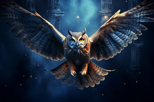 A wise owl soaring majestically against a deep indigo wall background.