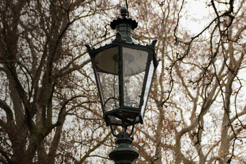 historic gas lantern with trees in the background