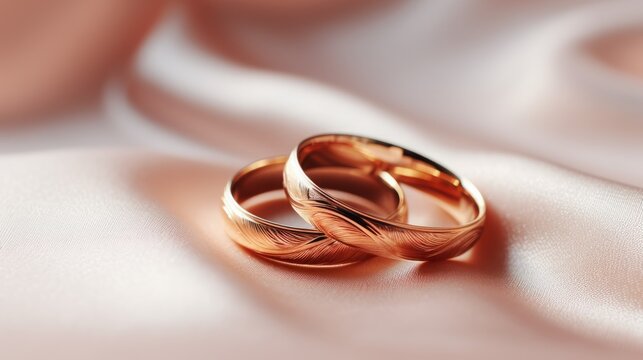 gold wedding rings and a place for text. marriage Peach Fuzz background. copy space. pink backdrop.
