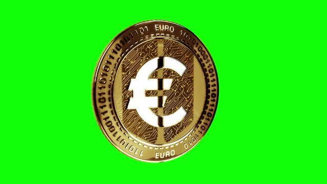 Euro cryptocurrency CBDC isolated gold coin on green screen loopable background. Rotating golden metal looping abstract concept. 3D loop seamless animation.