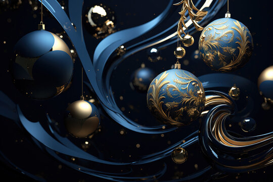 Christmas background with stars and golden and blue balls, different shapes.