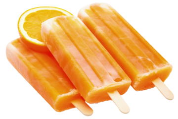 Three Colorful Popsicles with Fresh Orange Slices isolated on transparent background