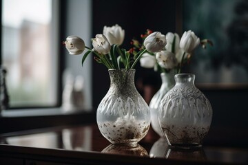 Two white flower vases on a table. Generative AI