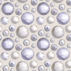 Seamless pattern of watercolor glossy pearls. Hand drawn jewelry illustration. Hand painted pearl jewellery elements on light background. For fabric, sketchbook, wallpaper, wrapping paper.