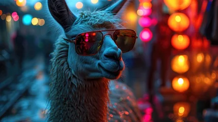 Fototapeten A llama wearing sunglasses on a city street © Friedbert