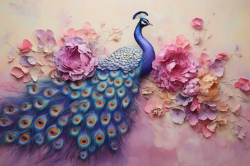 A majestic peacock displaying its vibrant feathers in front of a soft lavender wall.