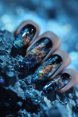 Galaxy-themed nail art with glitter on oval nails, against a crystalline blue background.