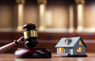 Justice in courthouse. Real Estate Purchase and Sale Transaction Litigation. Sale of Real Property. Lawyer in courtroom. House Sale. Mallet of judge in courtroom. Tax when selling a home and building
