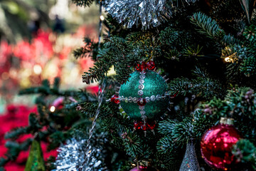 Obraz na płótnie Canvas Close up of ornaments on a Christmas tree at a conservatory in Pennsylvania.