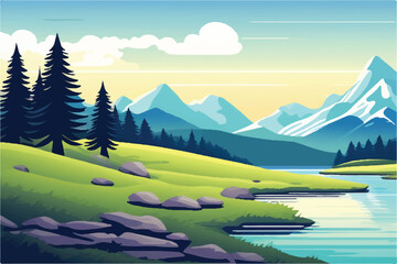 Beautiful Nature Landscape. Green Forest Landscape with Lake and Mountain. Serene landscape with a lush green Nature. Beautiful Mountains and trees. Mountain lake landscape vector illustration.