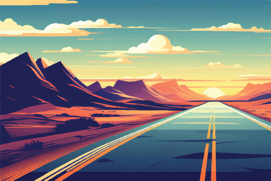 Road landscape. Beautiful Landscape showing view of a road leading to city and hills. Landscape of a highway with mountains in the background. vacation trip. Vector Illustration.