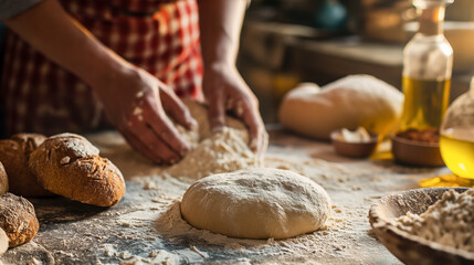 Baker's hands kneading bread.