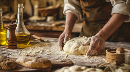 Baker's hands kneading bread. - obrazy, fototapety, plakaty