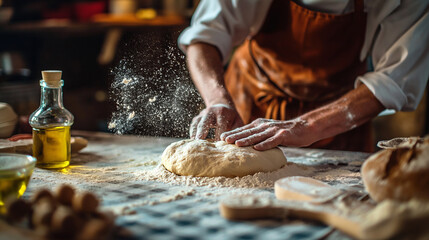 Baker's hands kneading bread.